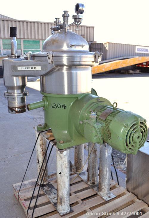 Used Westfalia SA-14-06-076 Desludger Disc Centrifuge, 329 Stainless steel construction on product contact areas. Maximum bowl speed 7560 rpm, clarifier design (liquid/solids separation), centripetal...