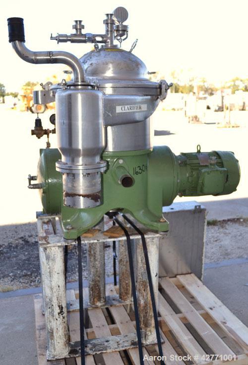 Used Westfalia SA-14-06-076 Desludger Disc Centrifuge, 329 Stainless steel construction on product contact areas. Maximum bowl speed 7560 rpm, clarifier design (liquid/solids separation), centripetal...