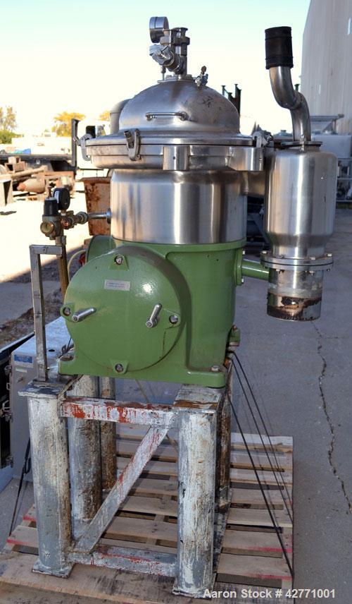 Used Westfalia SA-14-06-076 Desludger Disc Centrifuge, 329 Stainless steel construction on product contact areas. Maximum bowl speed 7560 rpm, clarifier design (liquid/solids separation), centripetal...