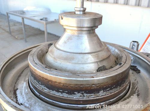 Used Westfalia SA-14-06-076 Desludger Disc Centrifuge, 329 Stainless steel construction on product contact areas. Maximum bowl speed 7560 rpm, clarifier design (liquid/solids separation), centripetal...