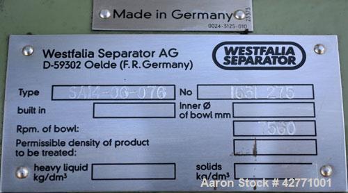Used Westfalia SA-14-06-076 Desludger Disc Centrifuge, 329 Stainless steel construction on product contact areas. Maximum bowl speed 7560 rpm, clarifier design (liquid/solids separation), centripetal...