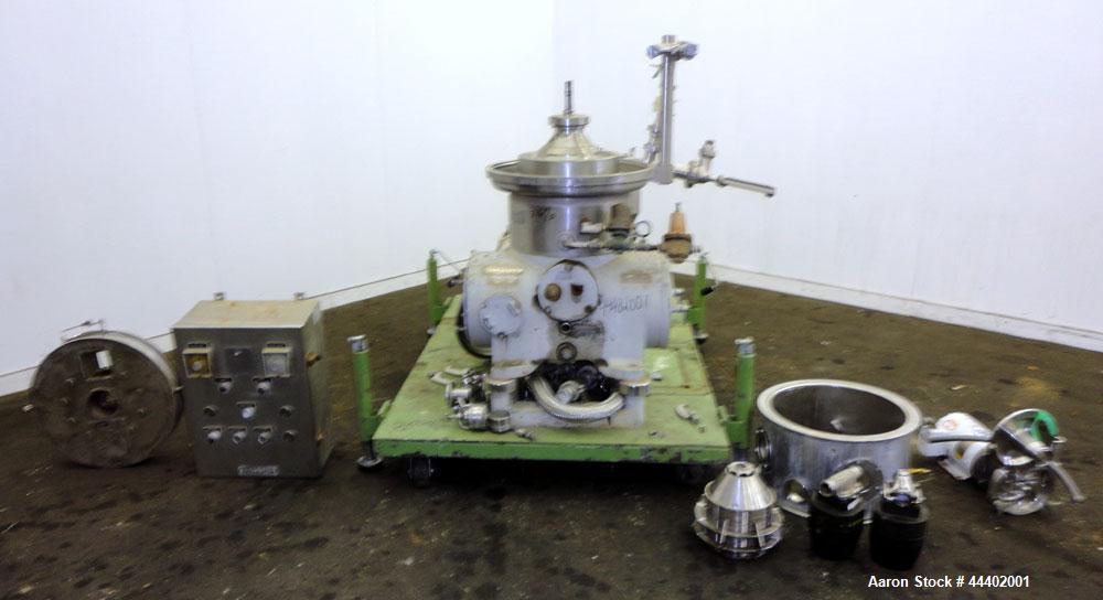 Used Westfalia SA-14-06-076 Desludger Disc Centrifuge.  329 Stainless steel construction on product contact areas. Maximum bowl speed 7560 rpm, clarifier design (liquid/solids), centripetal pump liqu...