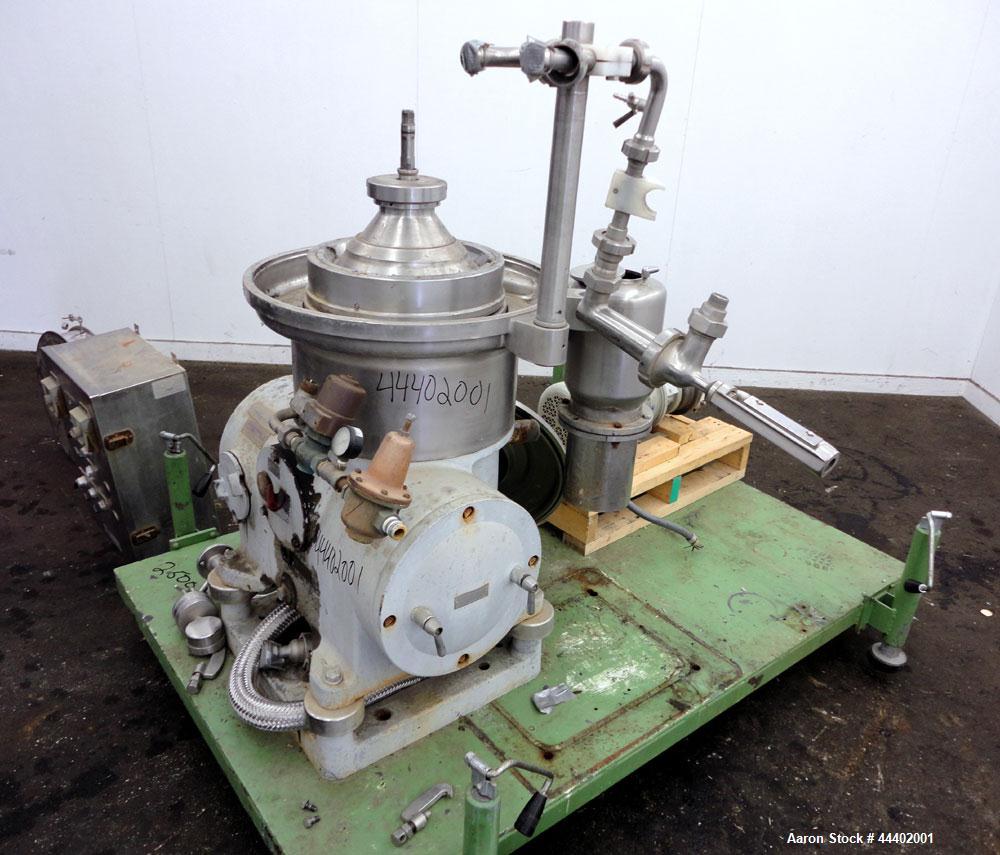 Used Westfalia SA-14-06-076 Desludger Disc Centrifuge.  329 Stainless steel construction on product contact areas. Maximum bowl speed 7560 rpm, clarifier design (liquid/solids), centripetal pump liqu...