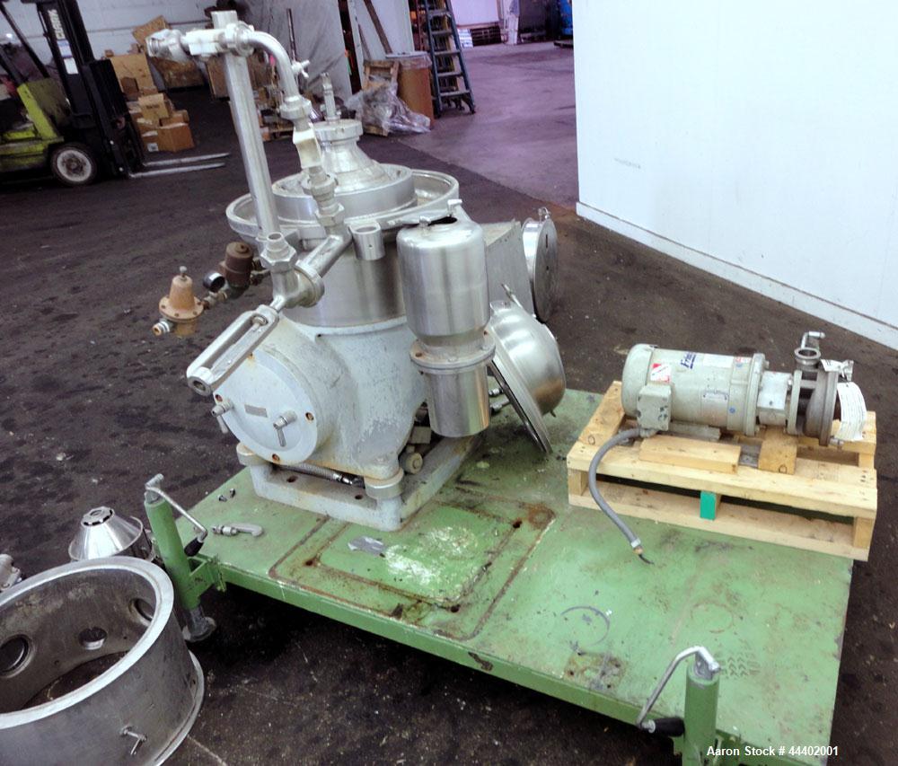 Used Westfalia SA-14-06-076 Desludger Disc Centrifuge.  329 Stainless steel construction on product contact areas. Maximum bowl speed 7560 rpm, clarifier design (liquid/solids), centripetal pump liqu...