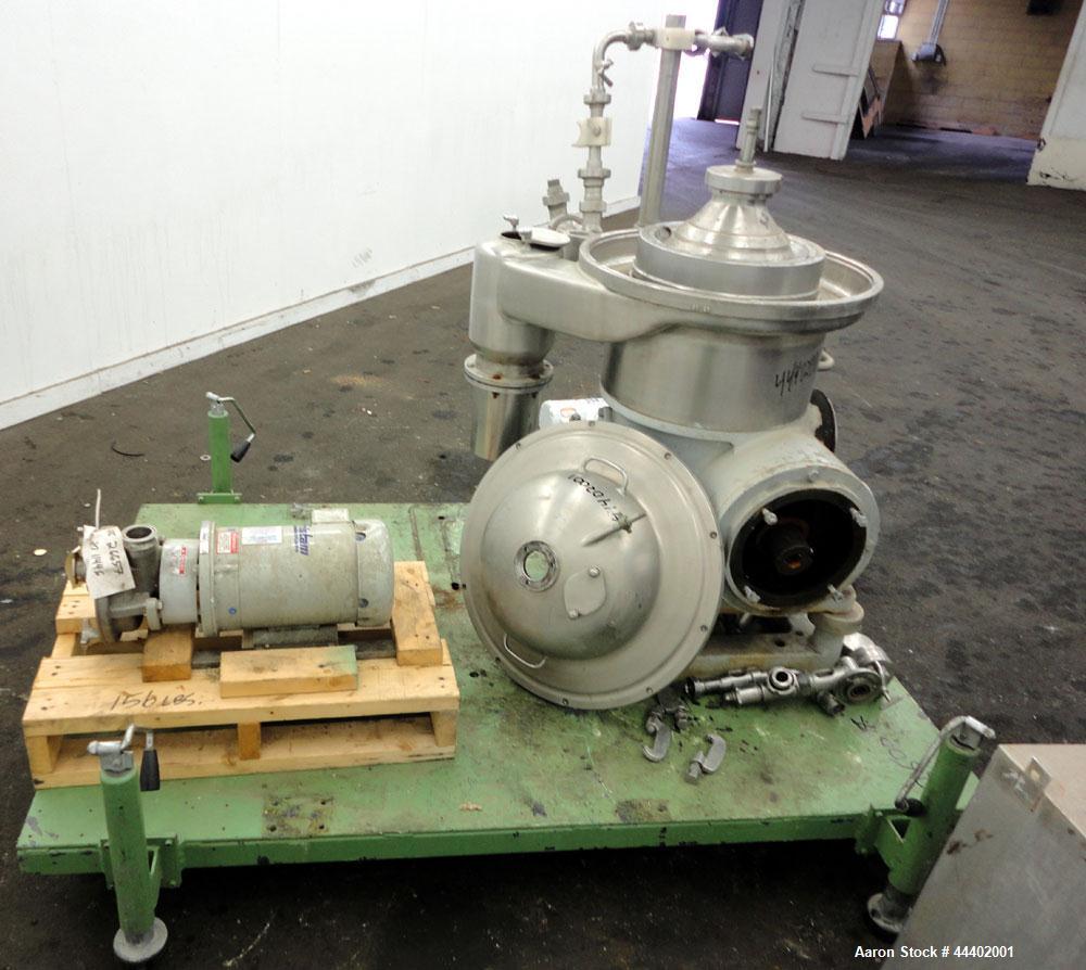 Used Westfalia SA-14-06-076 Desludger Disc Centrifuge.  329 Stainless steel construction on product contact areas. Maximum bowl speed 7560 rpm, clarifier design (liquid/solids), centripetal pump liqu...