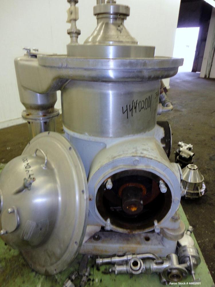 Used Westfalia SA-14-06-076 Desludger Disc Centrifuge.  329 Stainless steel construction on product contact areas. Maximum bowl speed 7560 rpm, clarifier design (liquid/solids), centripetal pump liqu...