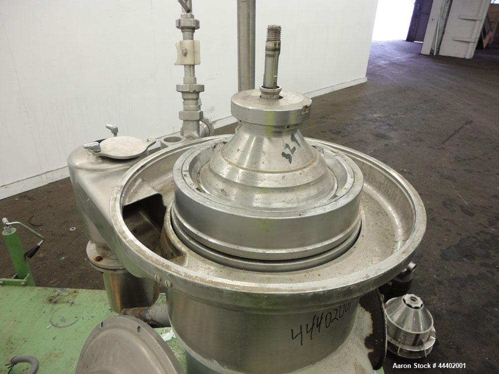 Used Westfalia SA-14-06-076 Desludger Disc Centrifuge.  329 Stainless steel construction on product contact areas. Maximum bowl speed 7560 rpm, clarifier design (liquid/solids), centripetal pump liqu...