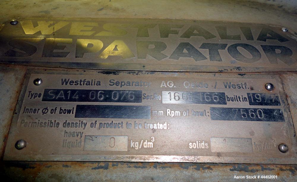 Used Westfalia SA-14-06-076 Desludger Disc Centrifuge.  329 Stainless steel construction on product contact areas. Maximum bowl speed 7560 rpm, clarifier design (liquid/solids), centripetal pump liqu...