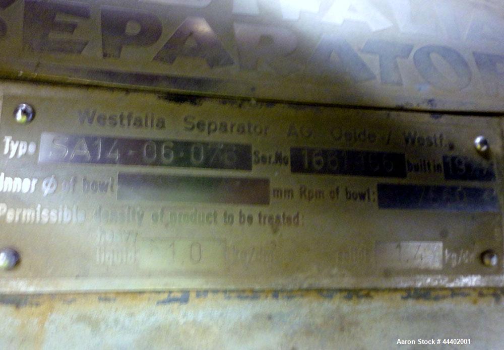 Used Westfalia SA-14-06-076 Desludger Disc Centrifuge.  329 Stainless steel construction on product contact areas. Maximum bowl speed 7560 rpm, clarifier design (liquid/solids), centripetal pump liqu...