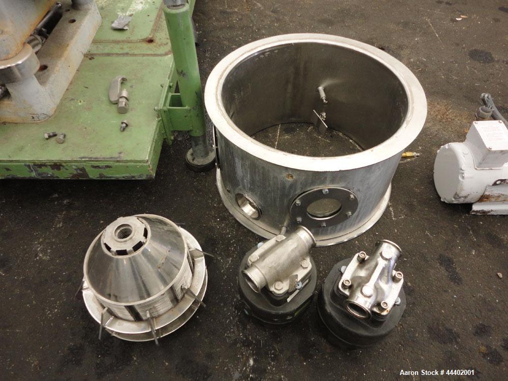 Used Westfalia SA-14-06-076 Desludger Disc Centrifuge.  329 Stainless steel construction on product contact areas. Maximum bowl speed 7560 rpm, clarifier design (liquid/solids), centripetal pump liqu...