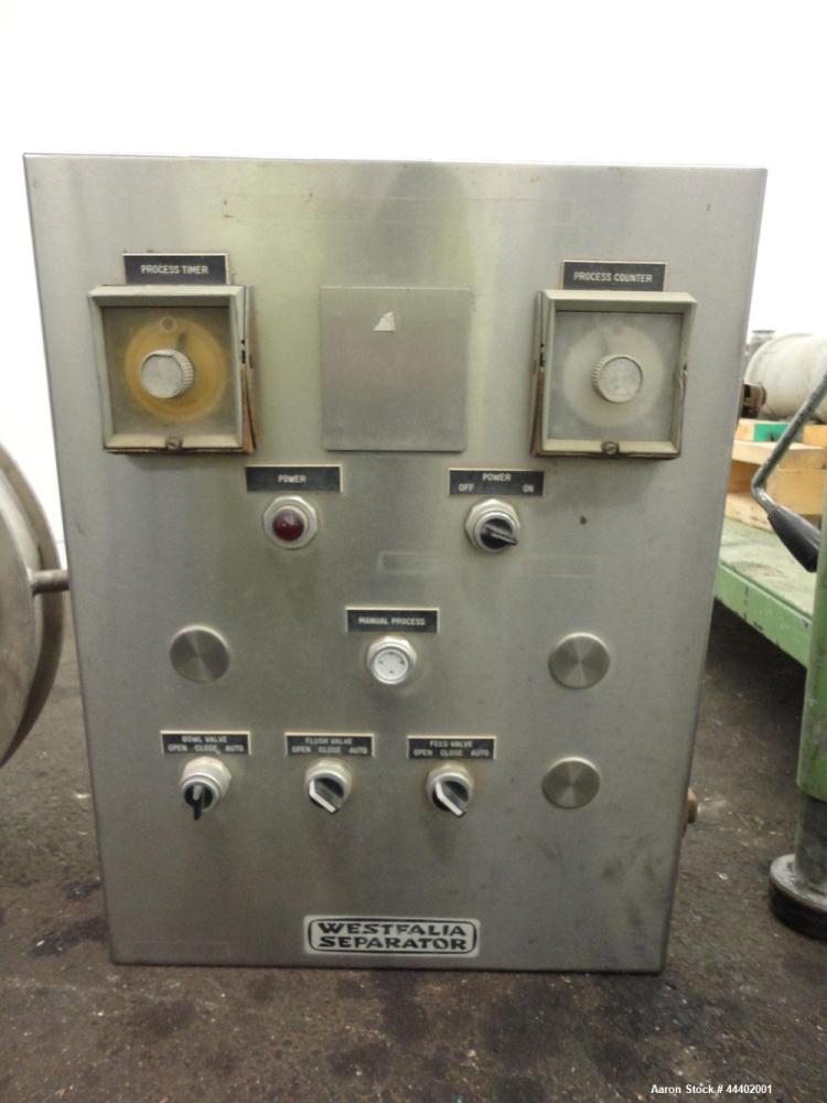 Used Westfalia SA-14-06-076 Desludger Disc Centrifuge.  329 Stainless steel construction on product contact areas. Maximum bowl speed 7560 rpm, clarifier design (liquid/solids), centripetal pump liqu...