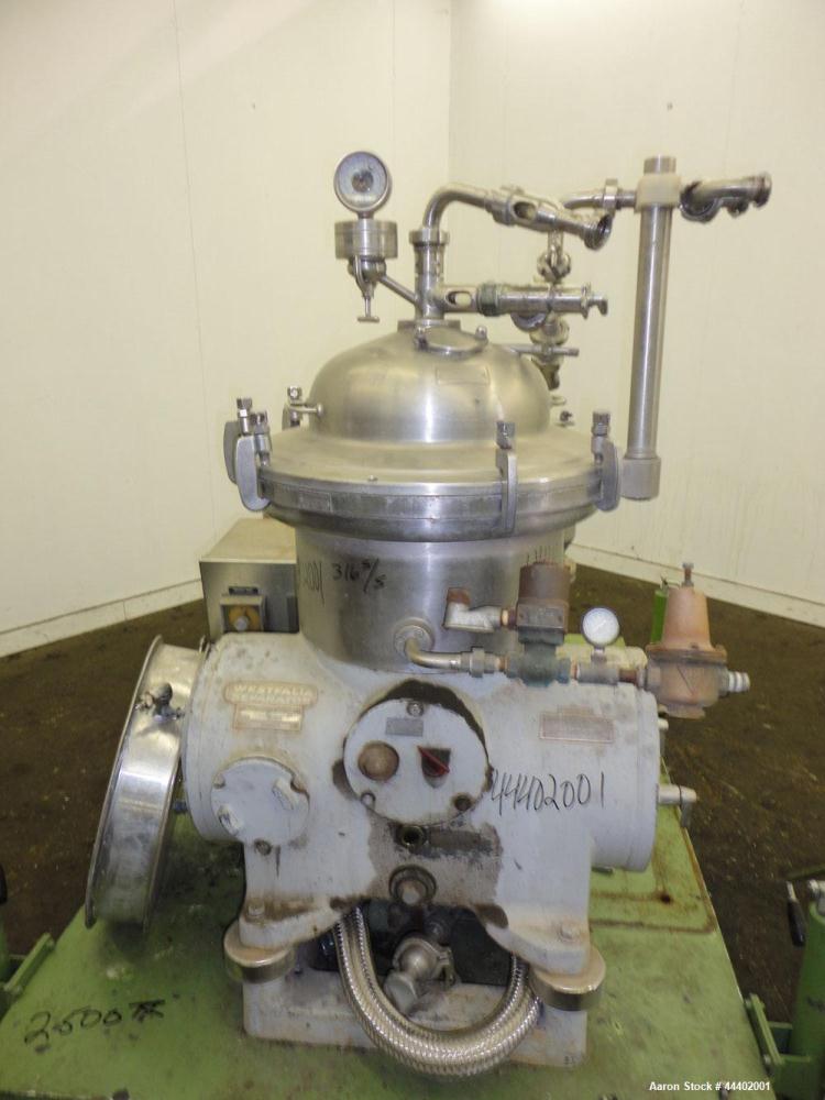 Used Westfalia SA-14-06-076 Desludger Disc Centrifuge.  329 Stainless steel construction on product contact areas. Maximum bowl speed 7560 rpm, clarifier design (liquid/solids), centripetal pump liqu...