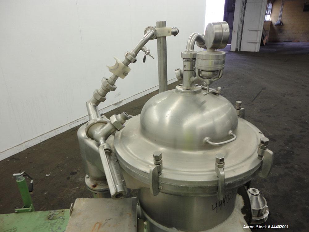 Used Westfalia SA-14-06-076 Desludger Disc Centrifuge.  329 Stainless steel construction on product contact areas. Maximum bowl speed 7560 rpm, clarifier design (liquid/solids), centripetal pump liqu...