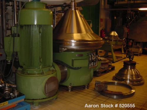 USED: Westfalia SA-160-06-177 Desludger Disc Centrifuge. Material of construction is stainless steel on product contact parts. Max bowl speed 3300 rpm by a 187.5 hp/125 kw, 380 volt/50 cycle/3 ph bel...