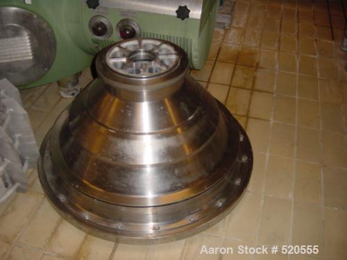 USED: Westfalia SA-160-06-177 Desludger Disc Centrifuge. Material of construction is stainless steel on product contact parts. Max bowl speed 3300 rpm by a 187.5 hp/125 kw, 380 volt/50 cycle/3 ph bel...