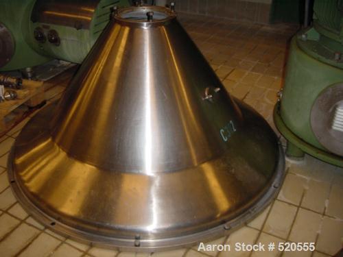 USED: Westfalia SA-160-06-177 Desludger Disc Centrifuge. Material of construction is stainless steel on product contact parts. Max bowl speed 3300 rpm by a 187.5 hp/125 kw, 380 volt/50 cycle/3 ph bel...