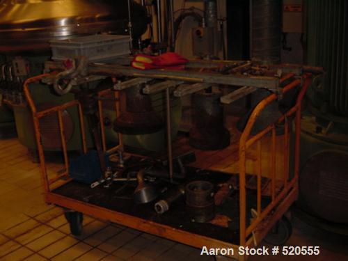 USED: Westfalia SA-160-06-177 Desludger Disc Centrifuge. Material of construction is stainless steel on product contact parts. Max bowl speed 3300 rpm by a 187.5 hp/125 kw, 380 volt/50 cycle/3 ph bel...