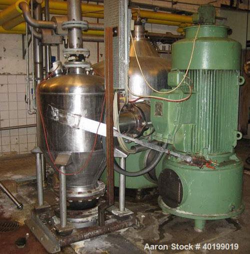 Used Westfalia SA-160-33-177 Desludger Disc Centrifuge. Stainless steel construction (product contact areas), separator design (liquid/solids separation). Max bowl speed 3300 rpm. Light phase gravity...