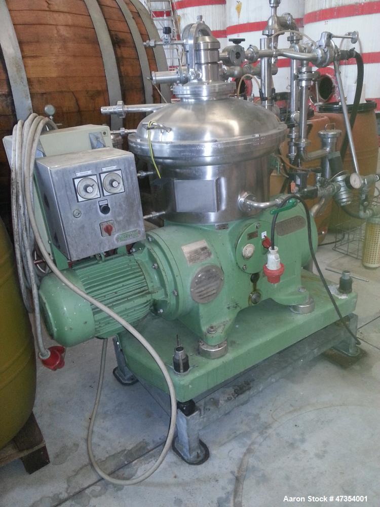 Used Westfalia SA 19-47-076 Desludger Disc Centrifuge. 316 Stainless steel (product contact areas), maximum bowl speed 8150 rpm. Hermetic clarifier design, drive motor (50 hz). Control panel. Mounted...