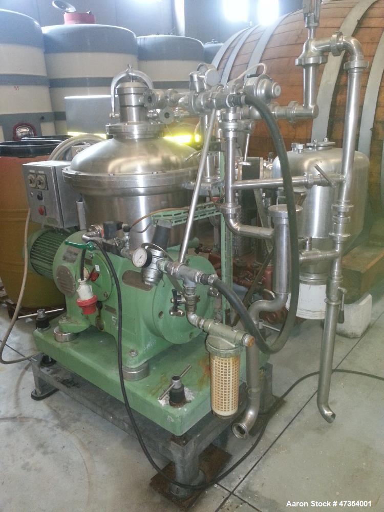 Used Westfalia SA 19-47-076 Desludger Disc Centrifuge. 316 Stainless steel (product contact areas), maximum bowl speed 8150 rpm. Hermetic clarifier design, drive motor (50 hz). Control panel. Mounted...