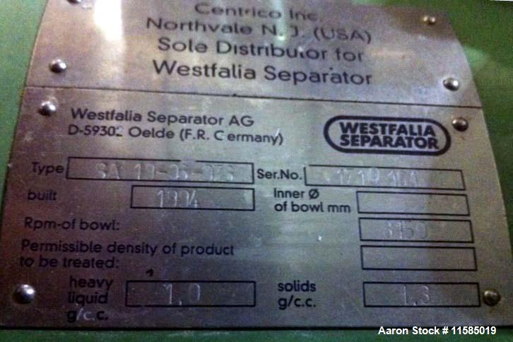 Used- Stainless Steel Westfalia Desludger Disc Centrifuge, SA-19-06-076 
