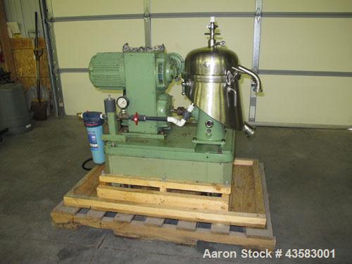 Used Westfalia SA-1-01-175 Desludger Disc Centrifuge.  Stainless steel construction (product contact areas), separator design (liquid/liquid/solids) separation, light and heavy phase centripetal pump...