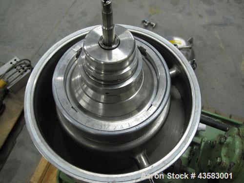 Used Westfalia SA-1-01-175 Desludger Disc Centrifuge.  Stainless steel construction (product contact areas), separator design (liquid/liquid/solids) separation, light and heavy phase centripetal pump...