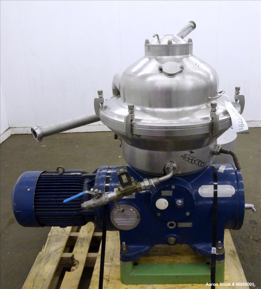 Used Westfalia SA-20-03-076 Desludger Disc Centrifuge. 316/329 Stainless steel construction on product contact areas, separator design (liquids/liquids/solids), heavyphase centripetal pump liquid dis...