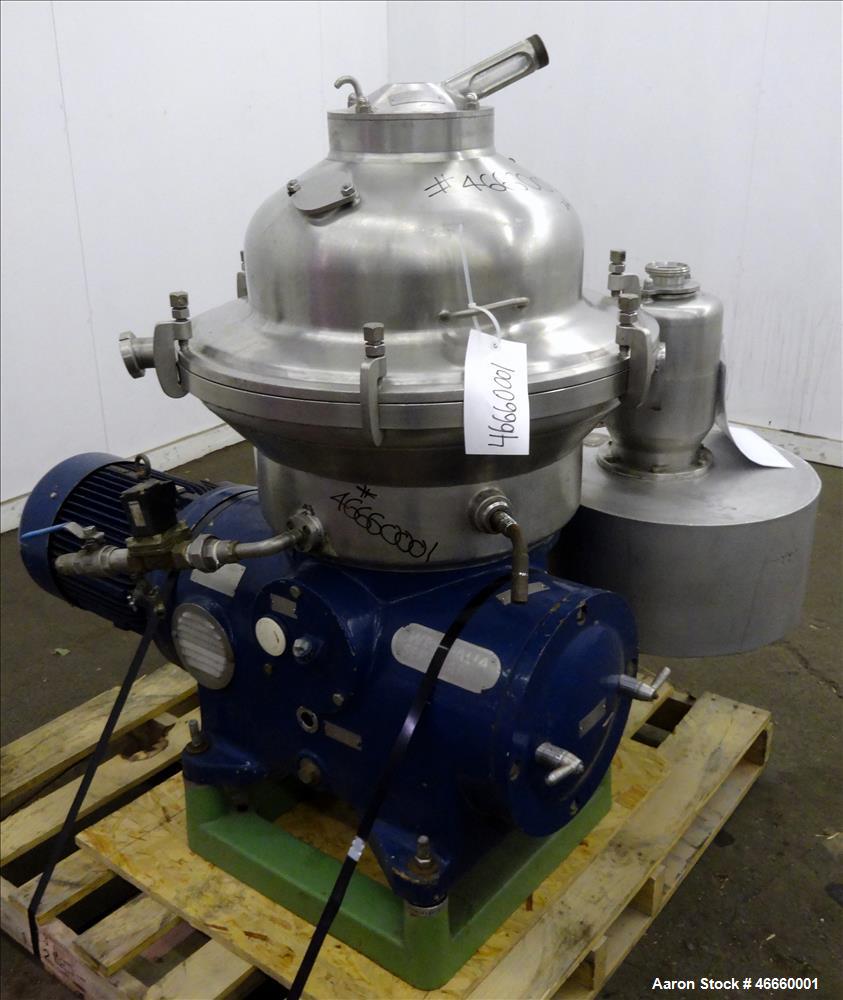 Used Westfalia SA-20-03-076 Desludger Disc Centrifuge. 316/329 Stainless steel construction on product contact areas, separator design (liquids/liquids/solids), heavyphase centripetal pump liquid dis...