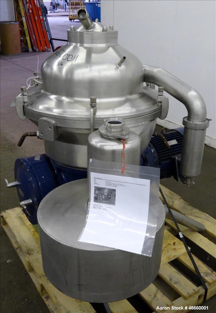 Used Westfalia SA-20-03-076 Desludger Disc Centrifuge. 316/329 Stainless steel construction on product contact areas, separator design (liquids/liquids/solids), heavyphase centripetal pump liquid dis...