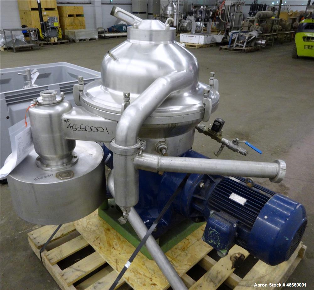 Used Westfalia SA-20-03-076 Desludger Disc Centrifuge. 316/329 Stainless steel construction on product contact areas, separator design (liquids/liquids/solids), heavyphase centripetal pump liquid dis...