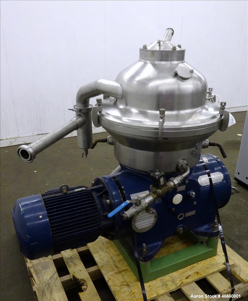 Used Westfalia SA-20-03-076 Desludger Disc Centrifuge. 316/329 Stainless steel construction on product contact areas, separator design (liquids/liquids/solids), heavyphase centripetal pump liquid dis...