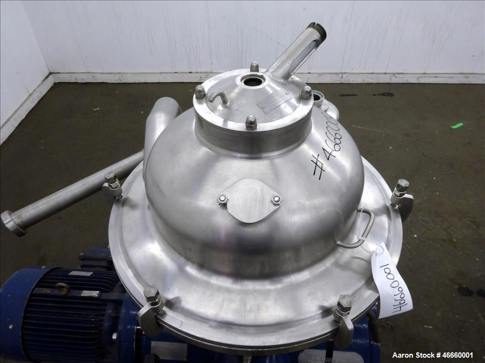 Used Westfalia SA-20-03-076 Desludger Disc Centrifuge. 316/329 Stainless steel construction on product contact areas, separator design (liquids/liquids/solids), heavyphase centripetal pump liquid dis...