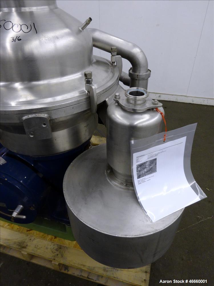 Used Westfalia SA-20-03-076 Desludger Disc Centrifuge. 316/329 Stainless steel construction on product contact areas, separator design (liquids/liquids/solids), heavyphase centripetal pump liquid dis...