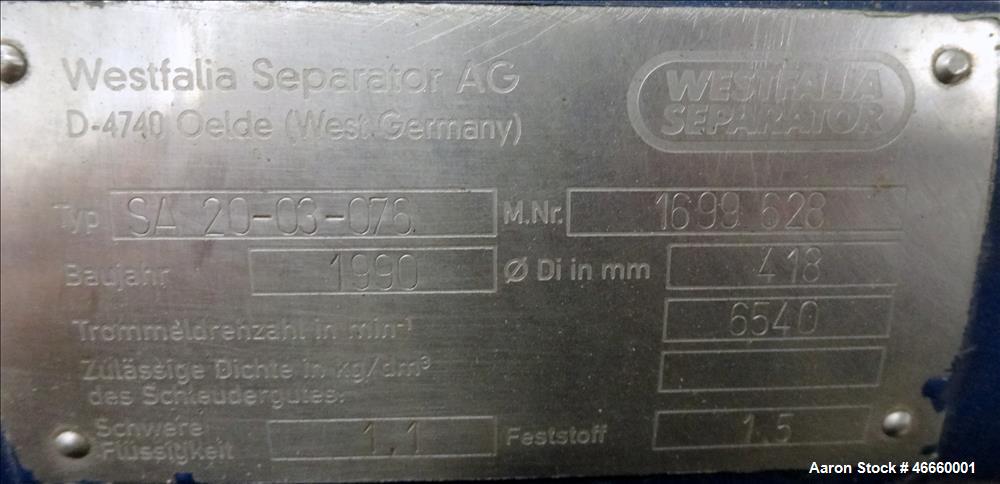 Used Westfalia SA-20-03-076 Desludger Disc Centrifuge. 316/329 Stainless steel construction on product contact areas, separator design (liquids/liquids/solids), heavyphase centripetal pump liquid dis...