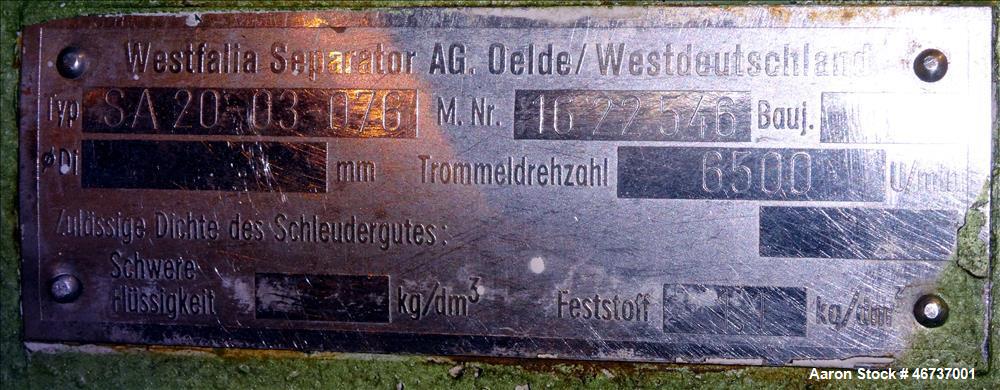 Used Westfalia SA-20-03-076 Desludger Disc Centrifuge