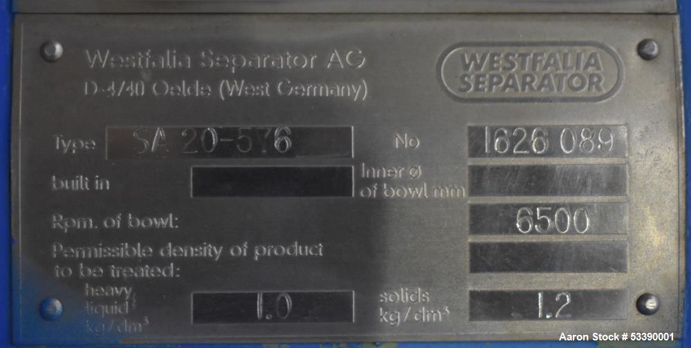 Westfalia SA-20-06-576 Desludging Disc Centrifuge
