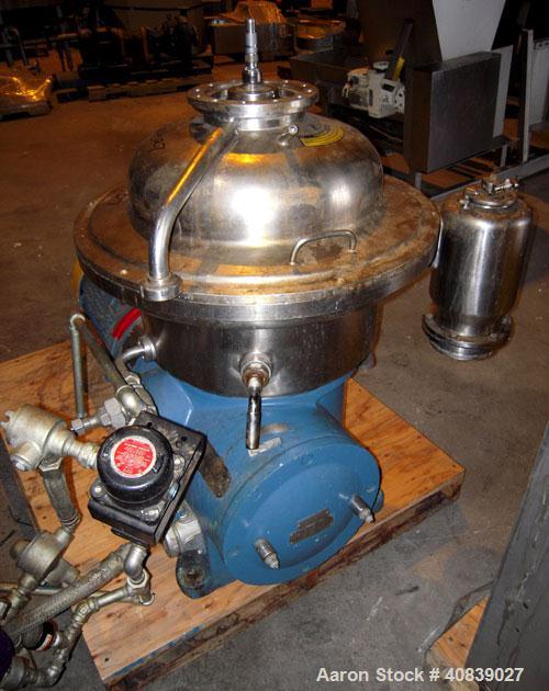 Used Westfalia SA-20-47-576 Desludger Disc Centrifuge. 316 stainless steel construction (product contact areas), max bowl speed 6400 rpm, hydrohermetic design, clarifier design, centripetal pump liqu...