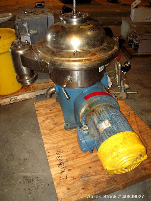 Used Westfalia SA-20-47-576 Desludger Disc Centrifuge. 316 stainless steel construction (product contact areas), max bowl speed 6400 rpm, hydrohermetic design, clarifier design, centripetal pump liqu...