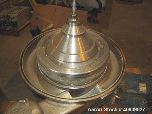 Used Westfalia SA-20-47-576 Desludger Disc Centrifuge. 316 stainless steel construction (product contact areas), max bowl speed 6400 rpm, hydrohermetic design, clarifier design, centripetal pump liqu...