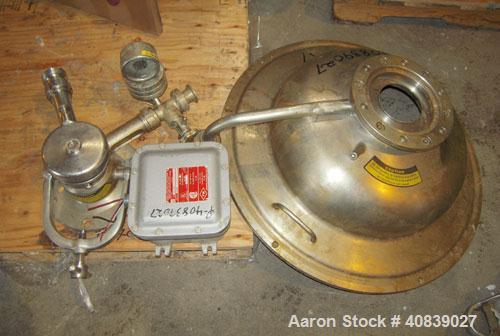 Used Westfalia SA-20-47-576 Desludger Disc Centrifuge. 316 stainless steel construction (product contact areas), max bowl speed 6400 rpm, hydrohermetic design, clarifier design, centripetal pump liqu...