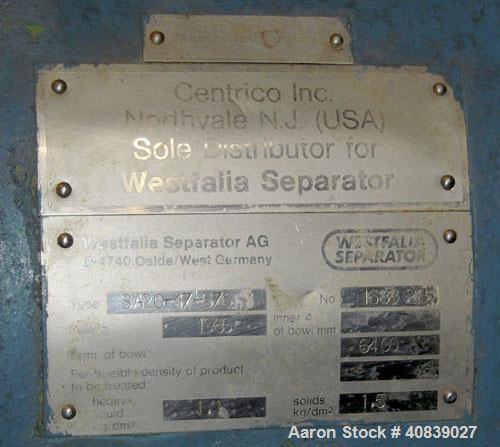 Used Westfalia SA-20-47-576 Desludger Disc Centrifuge. 316 stainless steel construction (product contact areas), max bowl speed 6400 rpm, hydrohermetic design, clarifier design, centripetal pump liqu...