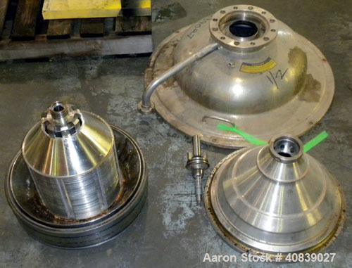 Used Westfalia SA-20-47-576 Desludger Disc Centrifuge. 316 stainless steel construction (product contact areas), max bowl speed 6400 rpm, hydrohermetic design, clarifier design, centripetal pump liqu...