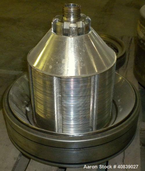Used Westfalia SA-20-47-576 Desludger Disc Centrifuge. 316 stainless steel construction (product contact areas), max bowl speed 6400 rpm, hydrohermetic design, clarifier design, centripetal pump liqu...
