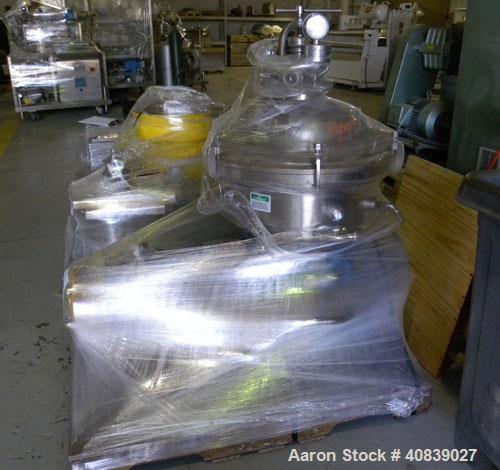 Used Westfalia SA-20-47-576 Desludger Disc Centrifuge. 316 stainless steel construction (product contact areas), max bowl speed 6400 rpm, hydrohermetic design, clarifier design, centripetal pump liqu...