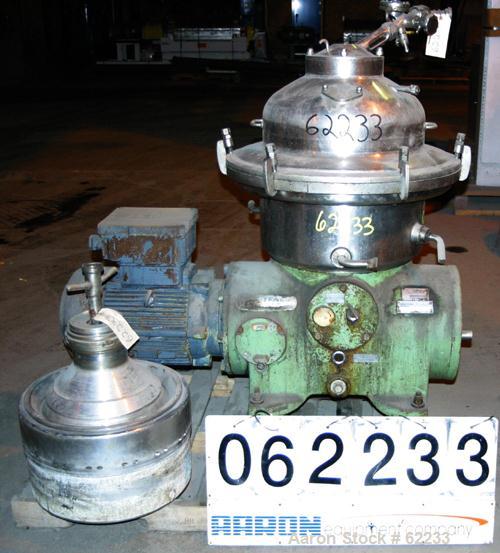 USED: Westfalia SA-20-06-576 desludger disc centrifuge, 316 stainless steel construction (product contact areas). Max bowl speed 6540 rpm, clarifier design, centripetal pump liquid discharge, direct ...