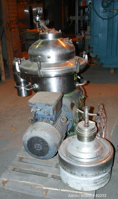 USED: Westfalia SA-20-06-576 desludger disc centrifuge, 316 stainless steel construction (product contact areas). Max bowl speed 6540 rpm, clarifier design, centripetal pump liquid discharge, direct ...