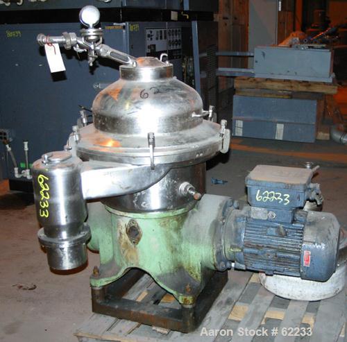 USED: Westfalia SA-20-06-576 desludger disc centrifuge, 316 stainless steel construction (product contact areas). Max bowl speed 6540 rpm, clarifier design, centripetal pump liquid discharge, direct ...
