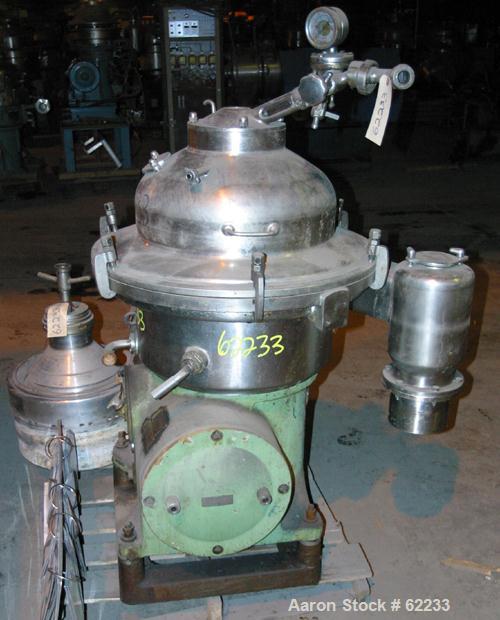 USED: Westfalia SA-20-06-576 desludger disc centrifuge, 316 stainless steel construction (product contact areas). Max bowl speed 6540 rpm, clarifier design, centripetal pump liquid discharge, direct ...