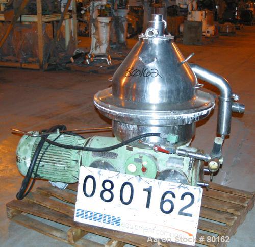 USED: Westfalia SA-35-03-076 desludger disc centrifuge, stainlesssteel construction on product contact areas. Max bowl speed 6600 rpm,separator design, heavy phase centripetal pump liquid discharge,l...